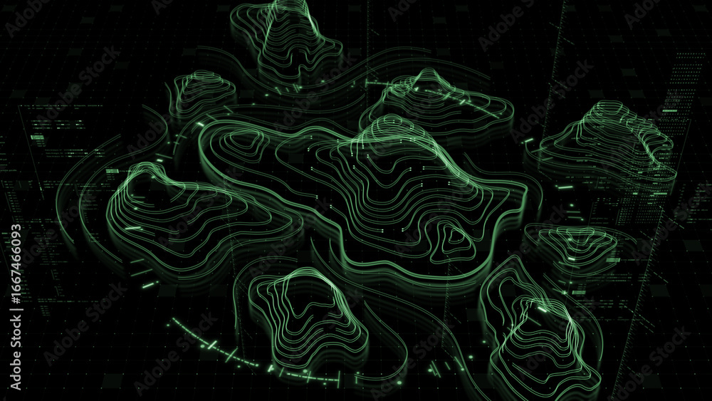 Obraz premium Futuristic Holographic Terrain environment, geomorphology, topography motion graphic user interface head up display screen