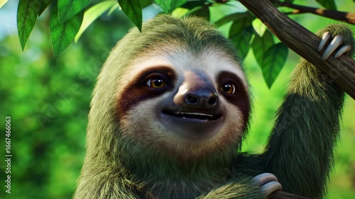 Hanging Sloth Relaxing on Tree Branch in Green Forest Nature