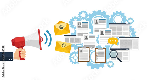 Flat Illustration Megaphone Announcing Email Recruitment Process with Gear Background