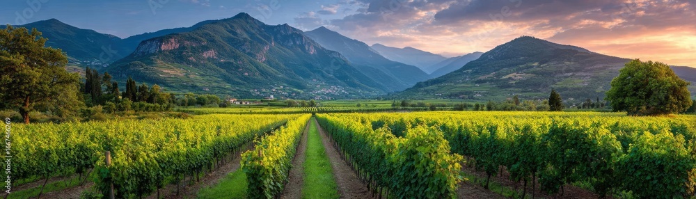 Fototapeta premium Green field with vineyard rows for harvesting concept. Stunning vineyard landscape with mountains at sunset.