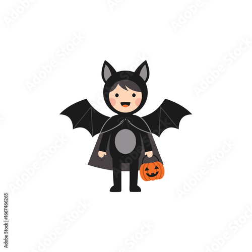 Cute girl wearing bat costume holding pumpkin bucket illustration for Halloween celebration.