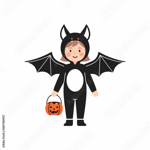 Cute Halloween Child in Bat Costume Holding Pumpkin Bucket