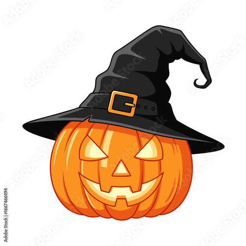Halloween Pumpkin Lantern with Witch Hat and Bat Illustration