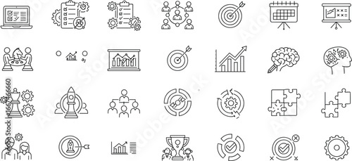 Business strategy icons, teamwork planning symbols, project management, goal achievement, success growth, brainstorming ideas, leadership innovation, productivity improvement, corporate planning