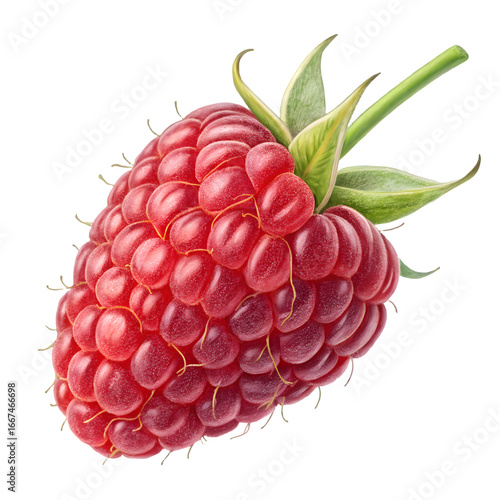 Close up of a ripe red raspberry with green leaves on a black background