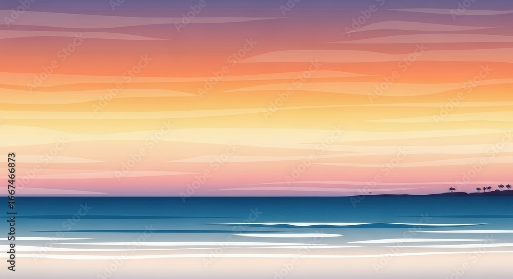 Obraz premium Serene Coastal Sunset: Minimalist Beach Scene with Vibrant Sky and Palms