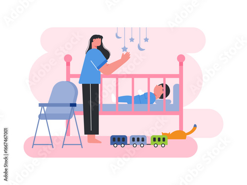 New mom is with her new born at nursery. Mother illustrations. Flat vector illustration.