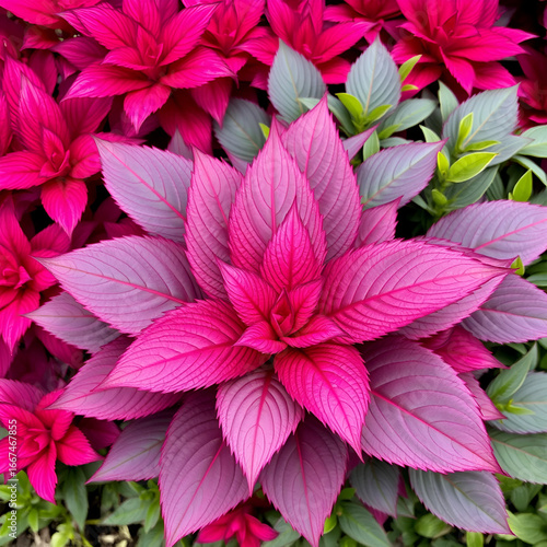 Trendy color 2023 viva magenta red toned plant leaves lush foliage natural  background.