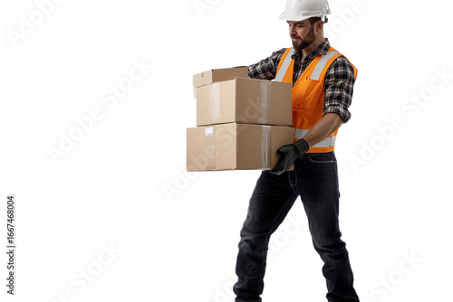 Construction worker carries a stack of cardboard boxes carefully.