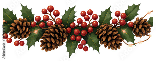 Holiday pinecone garland vector: elegant christmas decoration with holly and berries