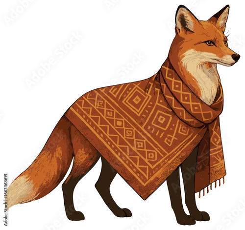 Elegant fox in shawl with geometric patterns | autumn wildlife art illustration vector