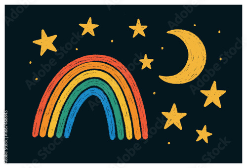 Doodle art vector: dreamy rainbow and night sky stars and moon for magical holiday themes