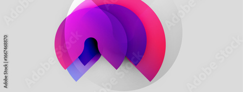 Abstract design features layered translucent circles. Colors shift from purple through magenta, creating dynamic visual effect. Simple background enhances focus.