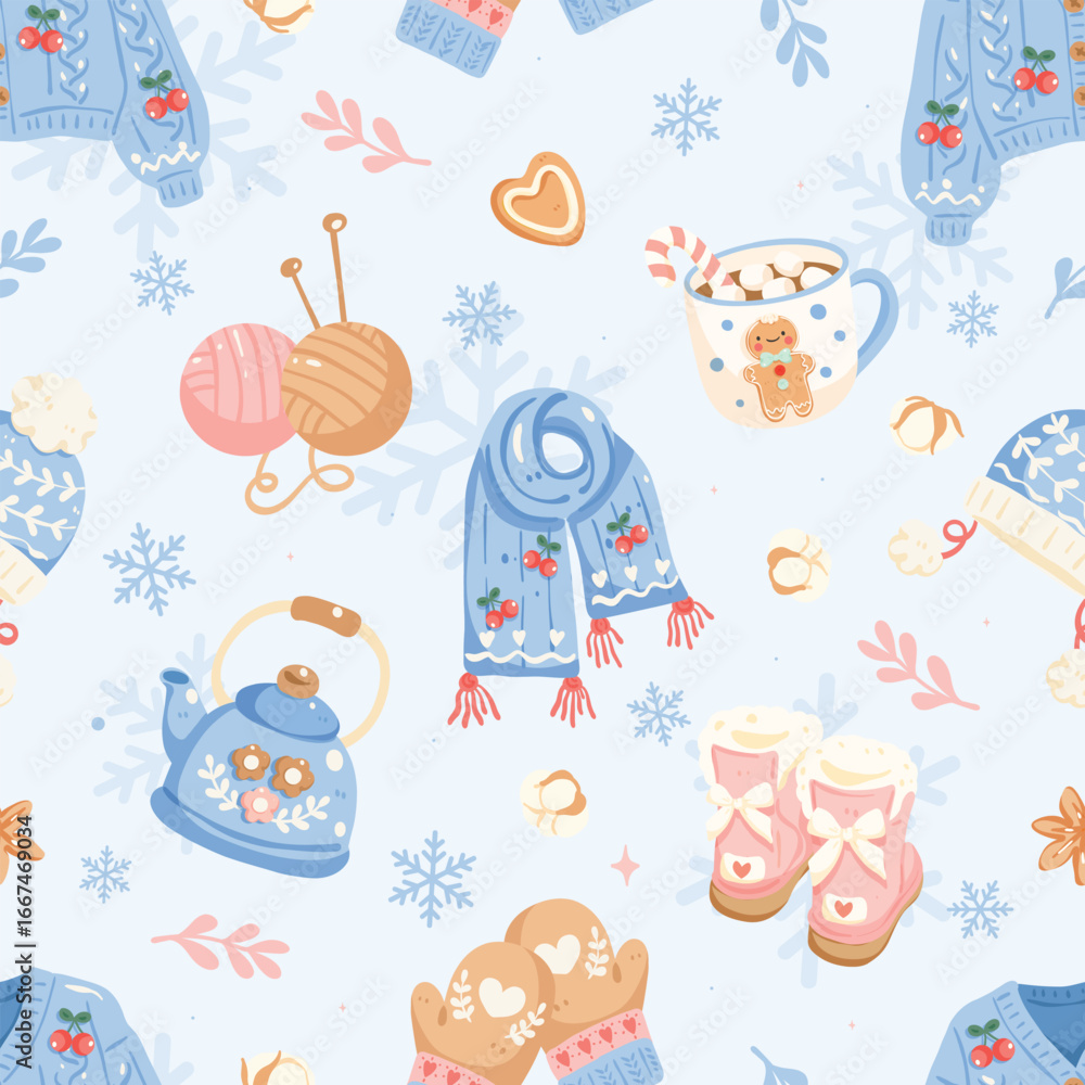 Fototapeta premium Cute Winter Cozy Seamless Pattern, Christmas Knitted Sweater Scarf Boots Gloves Tea Cup Snowflakes, Kawaii Holiday Digital Paper