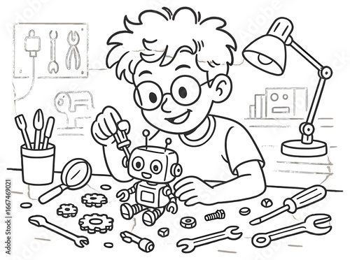 Creative workshop vector: child inventor building robot in diy workshop for stem education