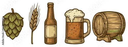 Beer icon set vector: craft, brew, hops, mug, barrel - perfect for oktoberfest designs