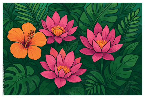Tropical floral harmony vector: lush botanical patterns, vibrant exotic flower elements