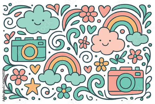Playful doodle montage vector: whimsical cartoon elements with clouds, rainbows, and cameras