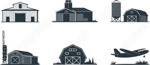 Farm barn silhouettes collection, rural agriculture buildings, silo storage, countryside architecture, vintage farm house, farming illustration vector, rustic agriculture design