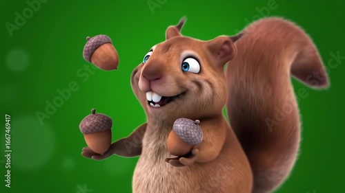 Animated Squirrel Juggling an Acorn on Green Screen