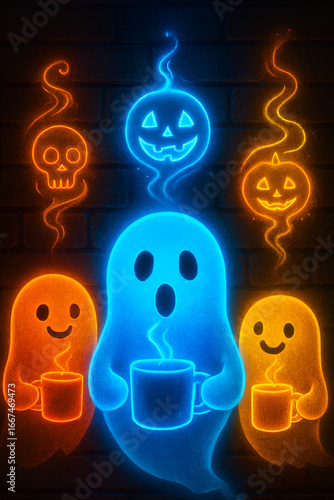 Three glowing ghosts sip neon coffee—magical steam, spooky symbols, and cozy Halloween vibes.
