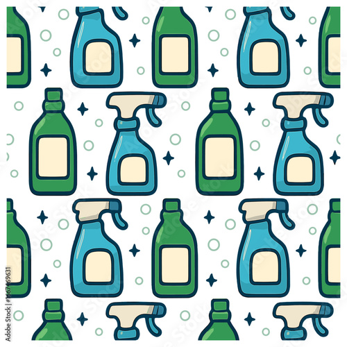 Cleanliness vector: colorful patterns of cleaning supplies, spray bottles, and detergents