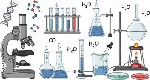 Illustration of laboratory equipment including microscope beakers and test tubes with chemical formulas
