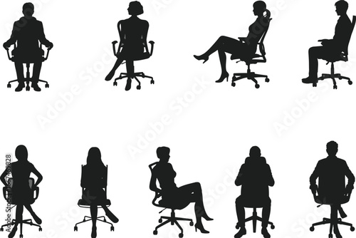 Silhouette of men and women sitting on office chairs, business posture, professional setting, workplace environment, teamwork, ergonomic furniture, waiting area concept.