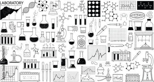 Scientific laboratory equipment and chemical structures in black and white drawing style