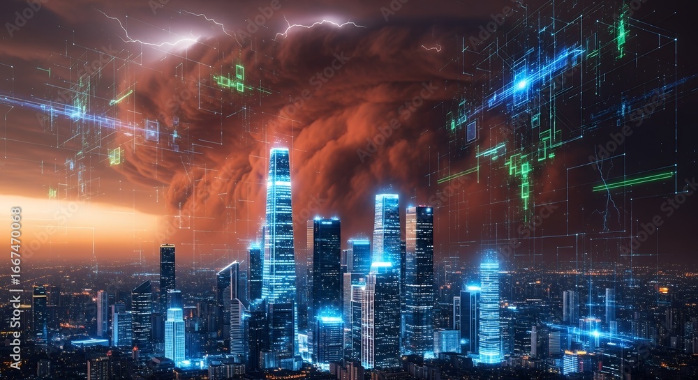 Obraz premium Digital Overlay of Dust Storm Over Modern Smart City Skyline