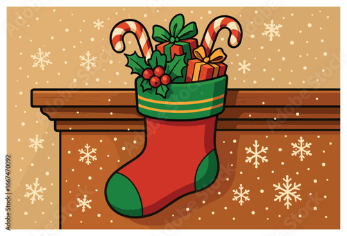 Christmas stocking vector: festive holiday design with candy canes and gifts illustration