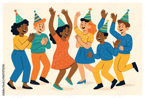 Joyful celebration vector: diverse group dancing at lively holiday parade