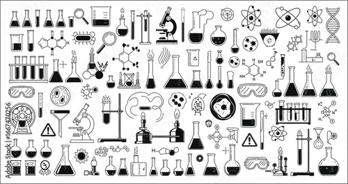 Black and white science icons featuring beakers flasks microscopes and chemical structures in a pattern