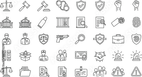 Law and justice icons set, legal protection, police security, court judgment, crime investigation, evidence, fingerprint, warning signs, minimal design
