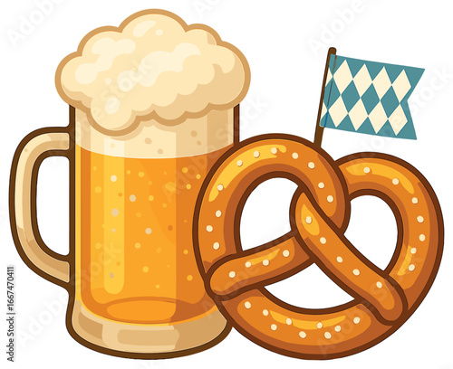 Oktoberfest vector: bavarian beer and pretzel illustration with traditional german elements