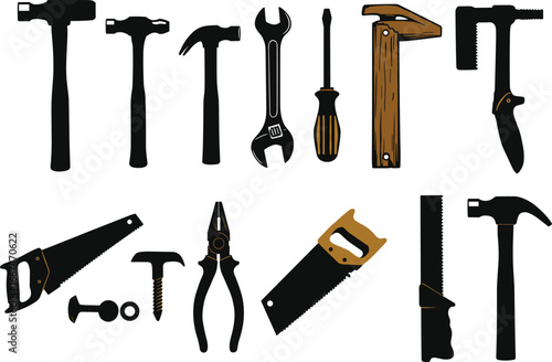 Hand tools silhouettes, hammer saw pliers screwdriver wrench vector, carpentry equipment illustration, construction repair icons, woodworking tool design collection