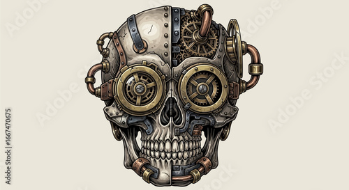 Steampunk Skull with Gears and Pipes Illustration