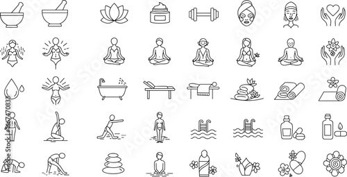 Spa wellness icons collection, yoga meditation symbols, relaxation therapy elements, beauty treatment line art, health care design, fitness lifestyle vector