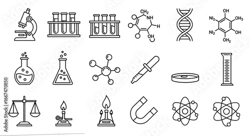 A collection of science laboratory equipment and molecule structures in outline style illustration