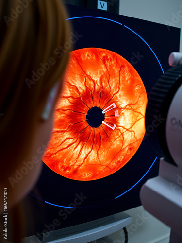 Detailed eye image for diagnosing glaucoma, macular degeneration, and vision issues. OCT eye scan imaging at an ophthalmology clinic. Girl undergoes a retina exam using optical coherence tomograph.