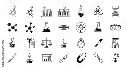 Collection of black and white science icons representing laboratory equipment and scientific concepts