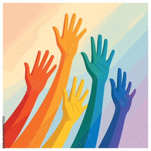 Diversity and unity vector: hands in rainbow colors celebrating equality and inclusion