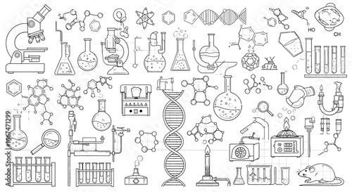 Obraz na plátně Scientific doodle pattern featuring microscopes dna molecules flasks and other l