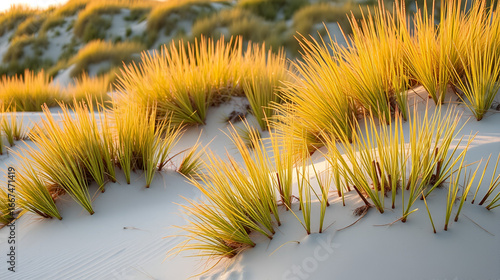breathtaking sight of dunes adorned with vibrant beach grass, symbolizing steadfastness these plants bestow upon shifting sandy terrains and harmonious equilibrium they epitomize