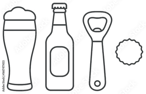 Minimalist beer accessories vector, simple outline of bottle, glass, opener, cap