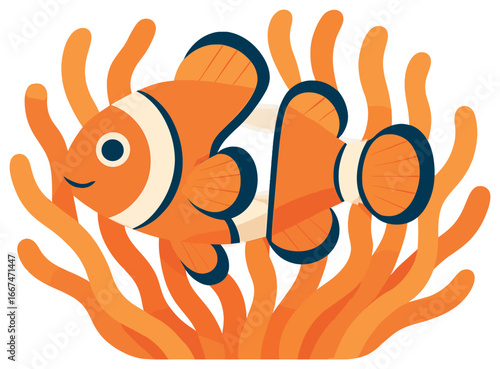 Clownfish vector amidst anemone - marine life, sea creatures, oceanic diversity illustration