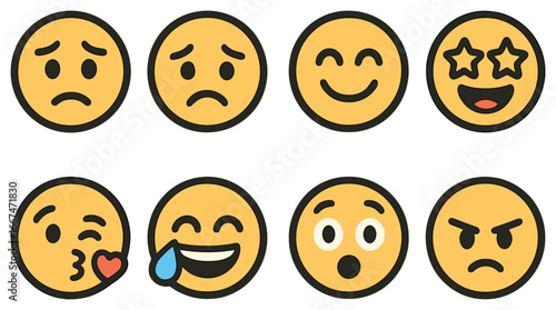 Diverse yellow emoticons vector: expressive emoji faces for communication and design