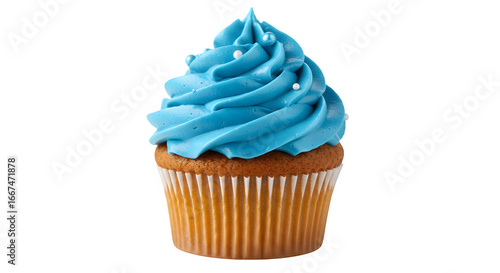 Delicious Cupcake with blue Frosting and Rainbow Sprinkles on White Background, cupcake isolated on transparent background, Closeup of Sweet Cupcake Dessert with Colorful Sprinkles