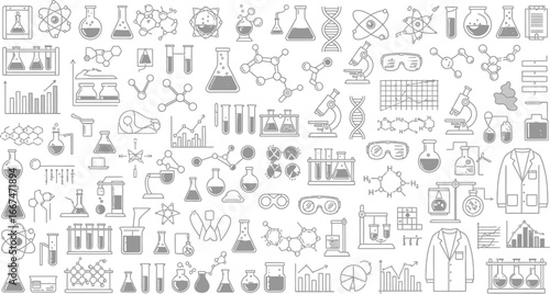 Seamless pattern with science and chemistry elements in doodle style on white background