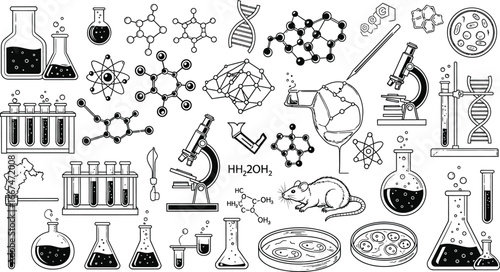 A monochrome illustration of laboratory equipment and molecular structures in a pattern design